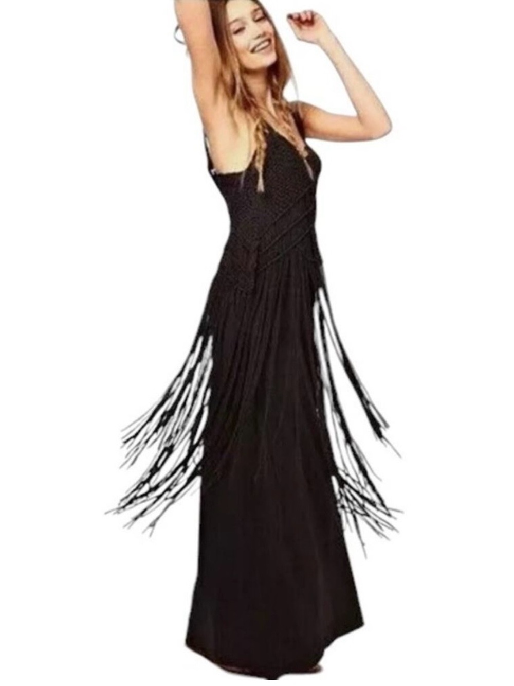 RALPH LAUREN DENIM & SUPPLY BLACK CROCHET OVERLAY LONG FRINGE BOHO MAXI DRESS M - Picture 12 of 14